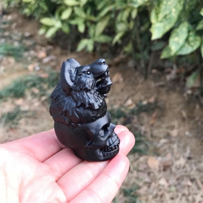 Natural Black Obsidian Skull And Wolf Handmade Carved Powerful Statue Fengshui Home Decoration Gift 1pcs