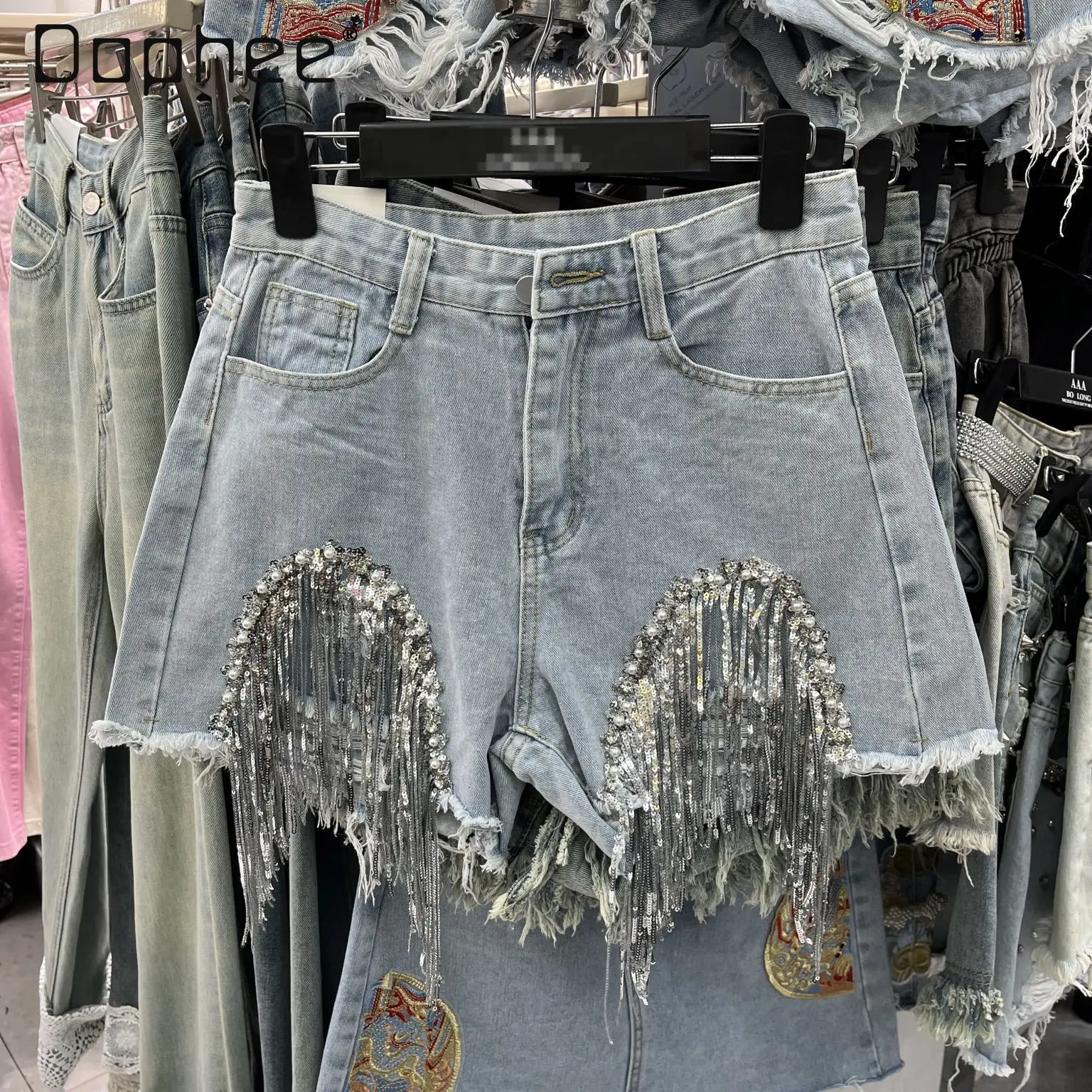 

Beads Rhinestones Sequins Fringed Burr Denim Shorts Female 2024 Spring/Summer Korean Style Baggy High Waist Short Jeans Mujer