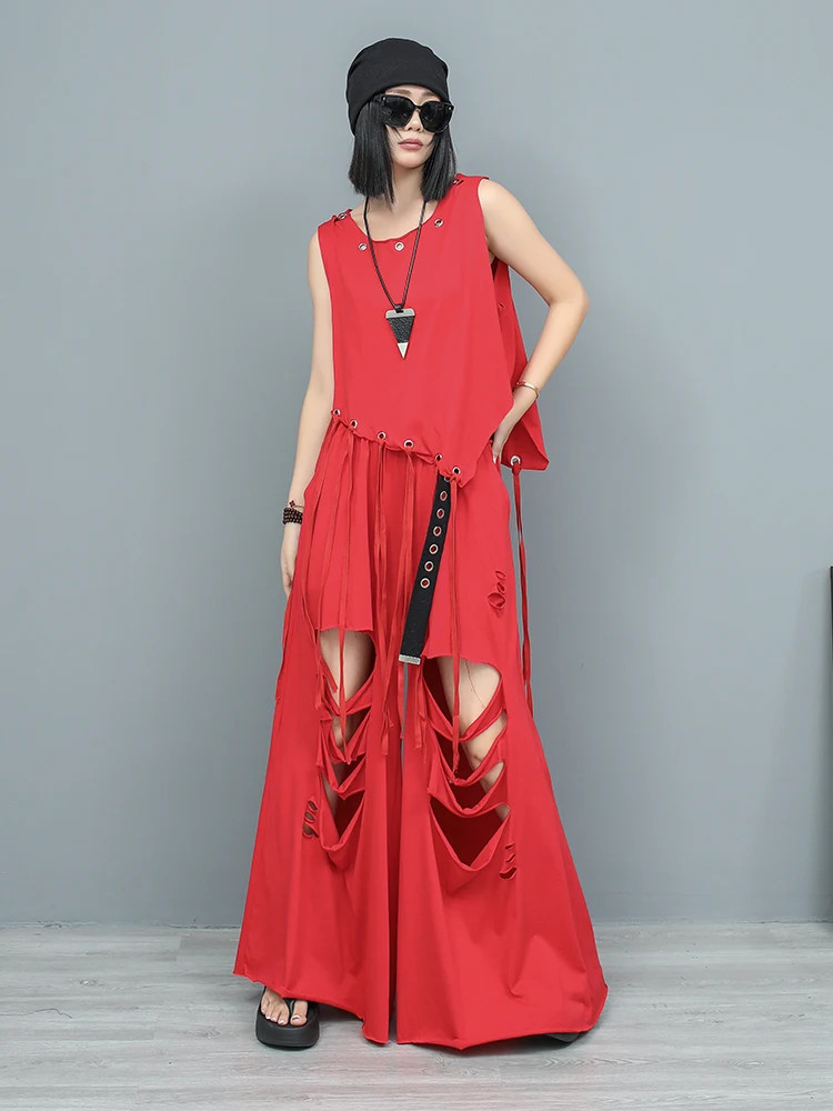 

Original Design Irregular Tassel Sleeveless Top Ripped Wide Leg Trousers Red Two Piece Women's Fashion Sets For Women 2 Pieces