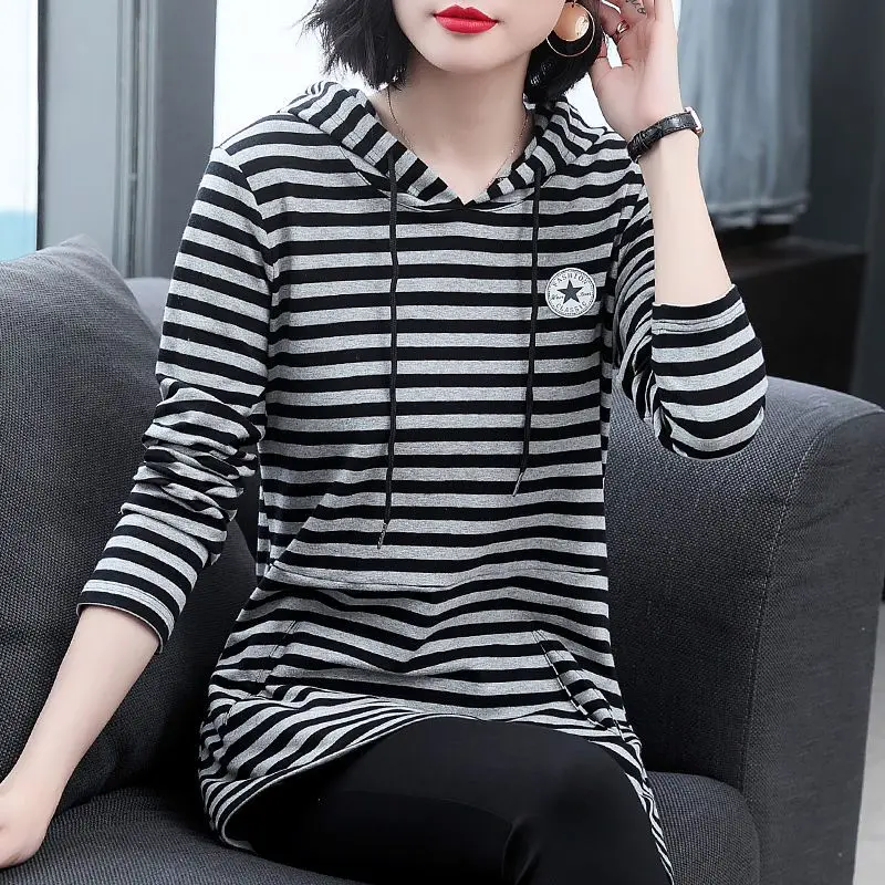 

Women's Pullover Hooded Drawstring Patchwork Pockets Hoodies 2023 New Spring Autumn Midi Striped Long Sleeve T-shirt Bottom Tops