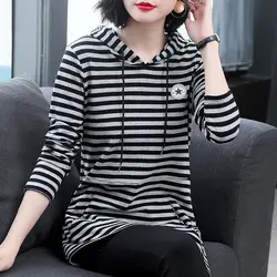 Women's Pullover Hooded Drawstring Patchwork Pockets Hoodies 2023 New Spring Autumn Midi Striped Long Sleeve T-shirt Bottom Tops