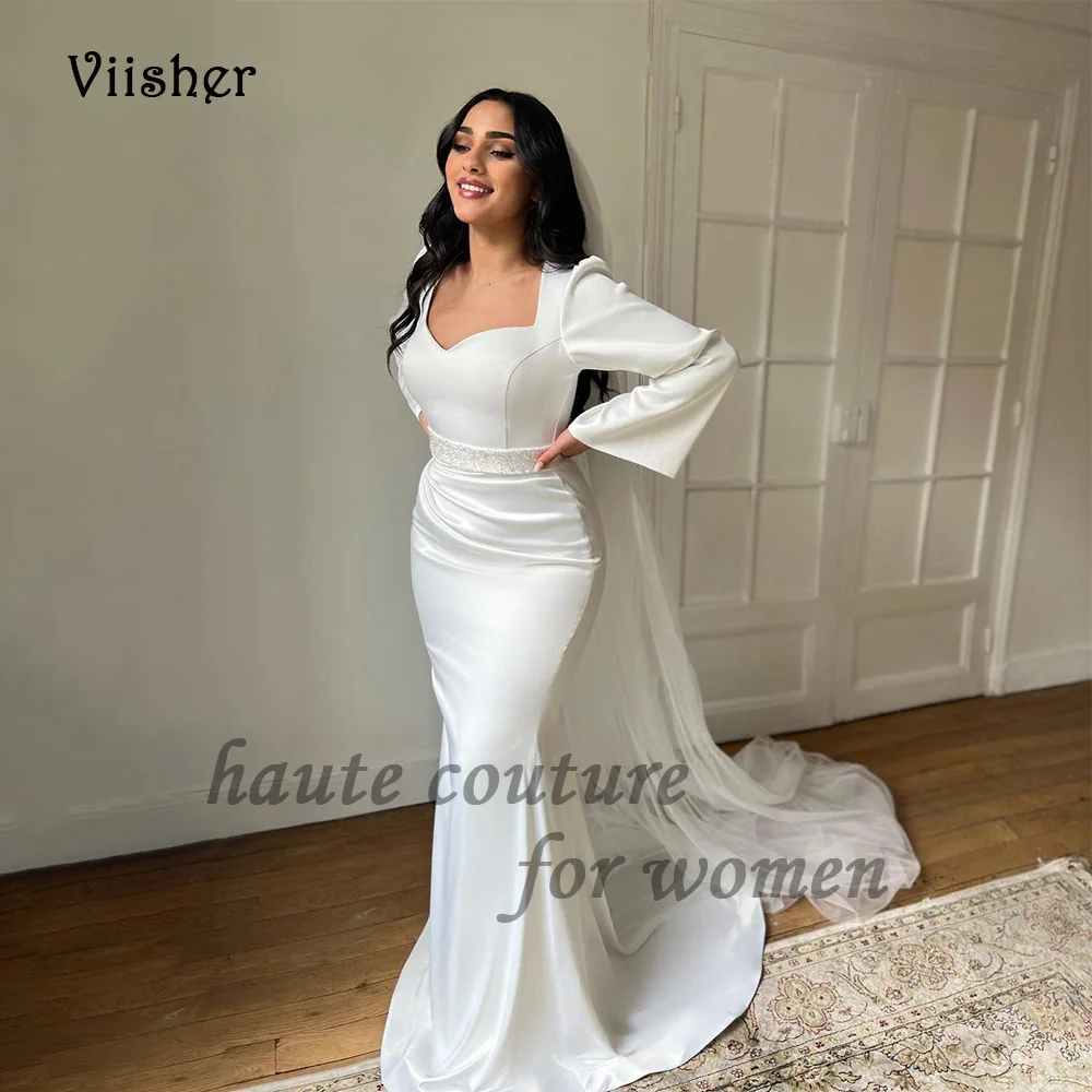 

Ivory Satin Mermaid Wedding Dresses for Bride Long Sleeve V Neck Elegant Bride Dress with Train Long Beach Bridal Gowns