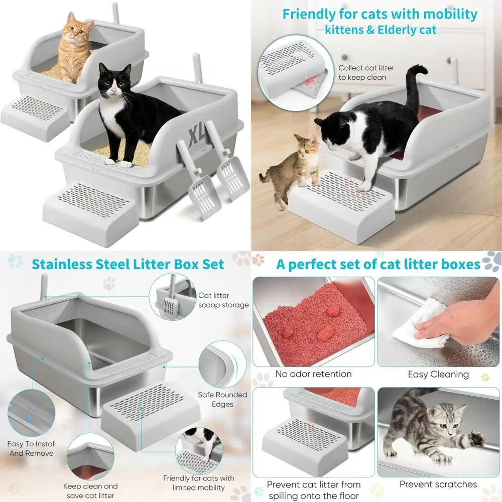 

Очень большой металлический лоток для кошек с крышкой, высокие бортики для крупных кошек и котят, XL, с контролем запаха, антипригарный, легко чистится, с подступенькой