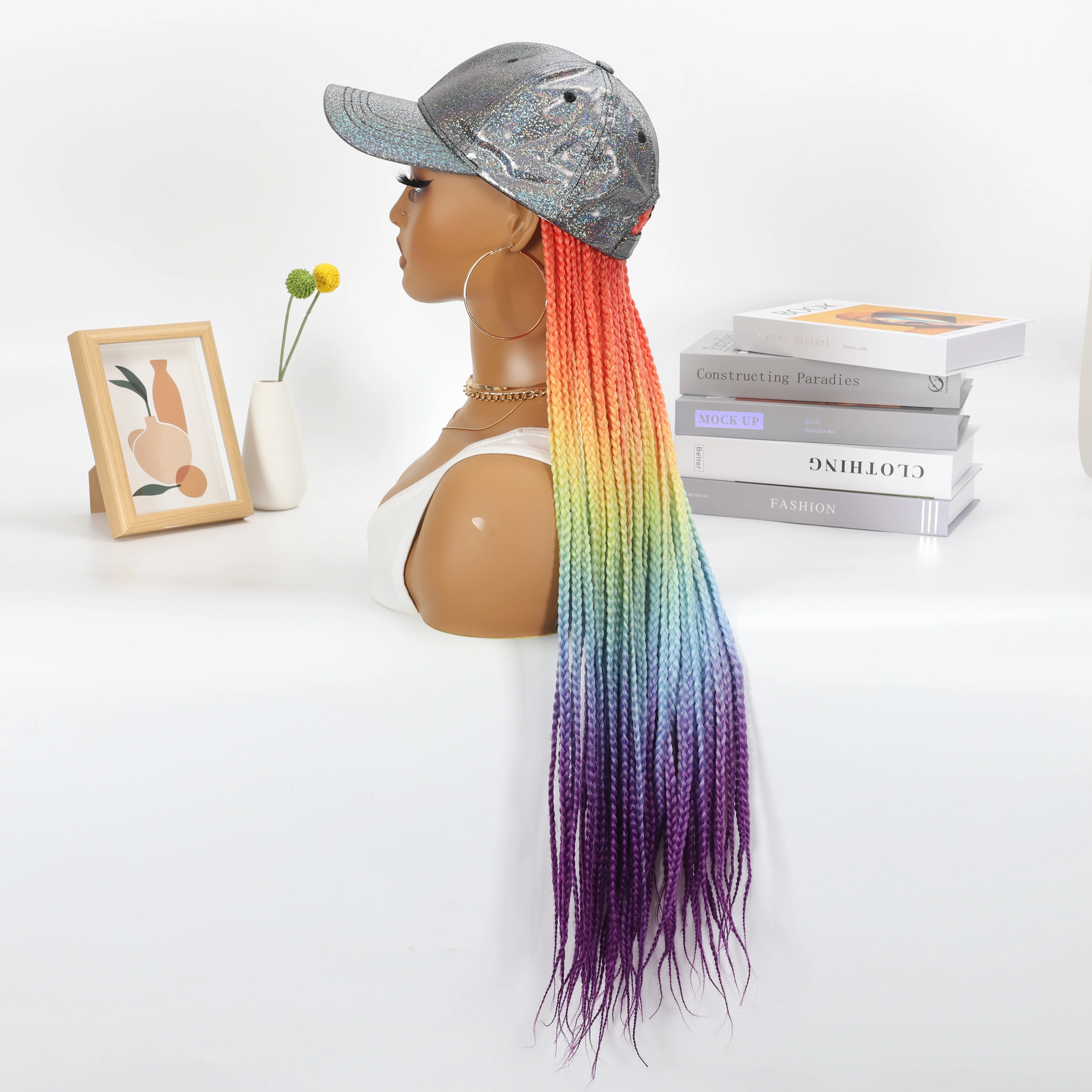 WIGERA Rainbow Ombre On Sales Cheap Long Box Braided Synthetic Wig With Silver Baseball Cap Braiding Hair Extensions For Women