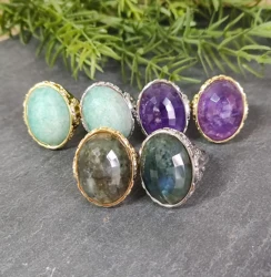 Large Round Crystal Ring, Amethyst Amazonite Labradorite Bohemia Jewelry, Unisex Ring, Couple Jewelry Gift