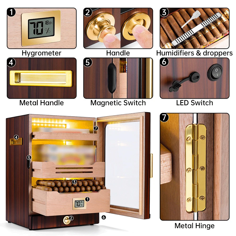 Fashion Piano Paint Cedar Wood Large Capacity Cigar Humidor with Hygrometer and LED Light Cigar Accessories