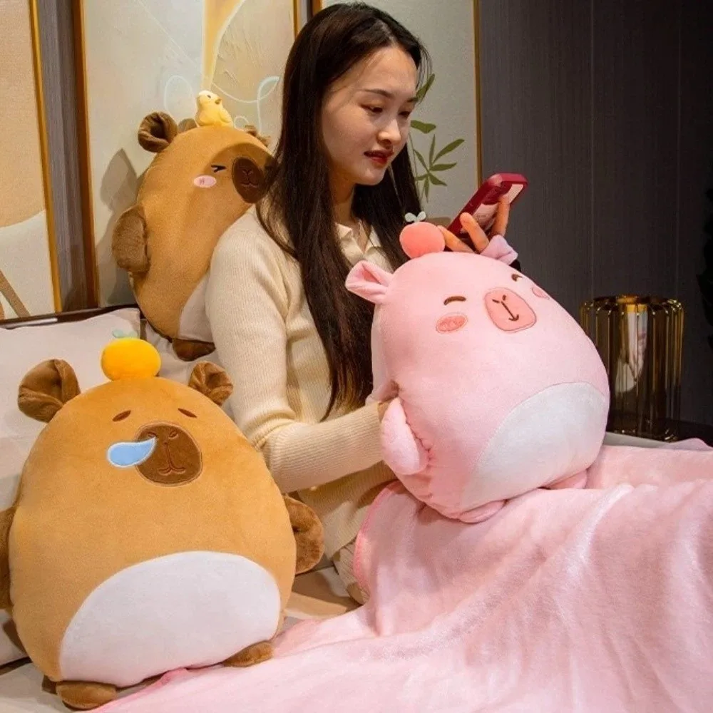 

3-in-1 Capybara Throw Pillow PP Cotton Filled Animal Pattern Plush Pillow Blanket Storage Design Soft Cartoon Hand Warmer