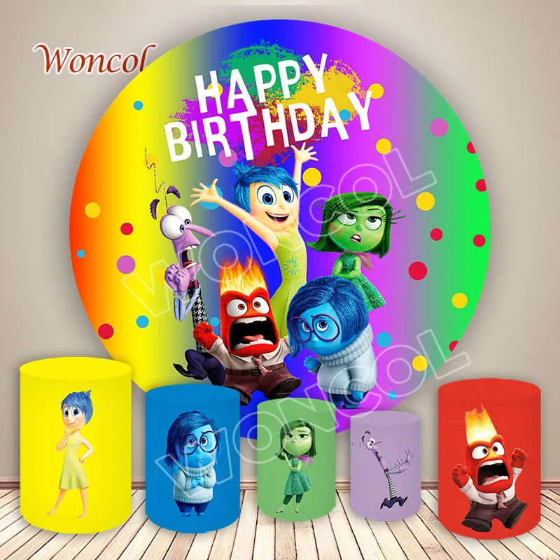 Inside Out Round Backdrop Kids Birthday Backdrop Inside Out Sadness Fear Joy Disgust Anxiety Anger Cylinder Cover Decor Prop