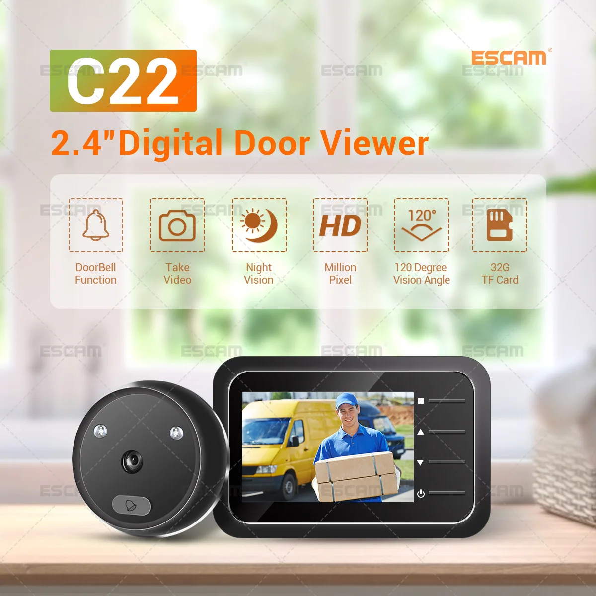 

ESCAM WIFI Intelligent Digital Door Viewer C22, Two-way Voice, Support App Remote View,Motion Detection,32G TF Card