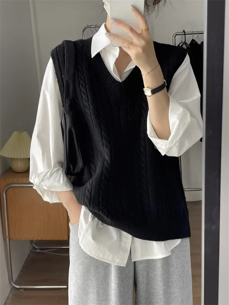 Sleeveless Sweater Vest Women Clothing Loose V Neck Pullover Jumpers Knitted High Street Solid Autumn Spliced Slight Strech