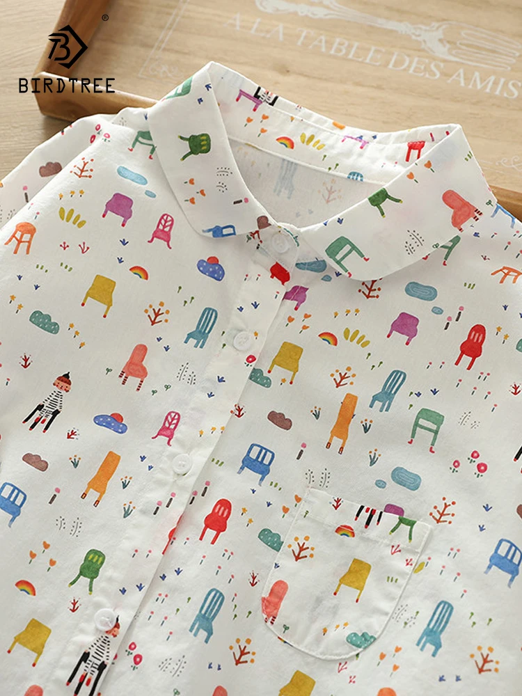 

Новая женская хлопковая рубашка с длинным рукавом Весна 2026, с отложным воротником и мультяшным принтом, свободная блузка в стиле Mori Girl, омолаживающая образ, T62493CC