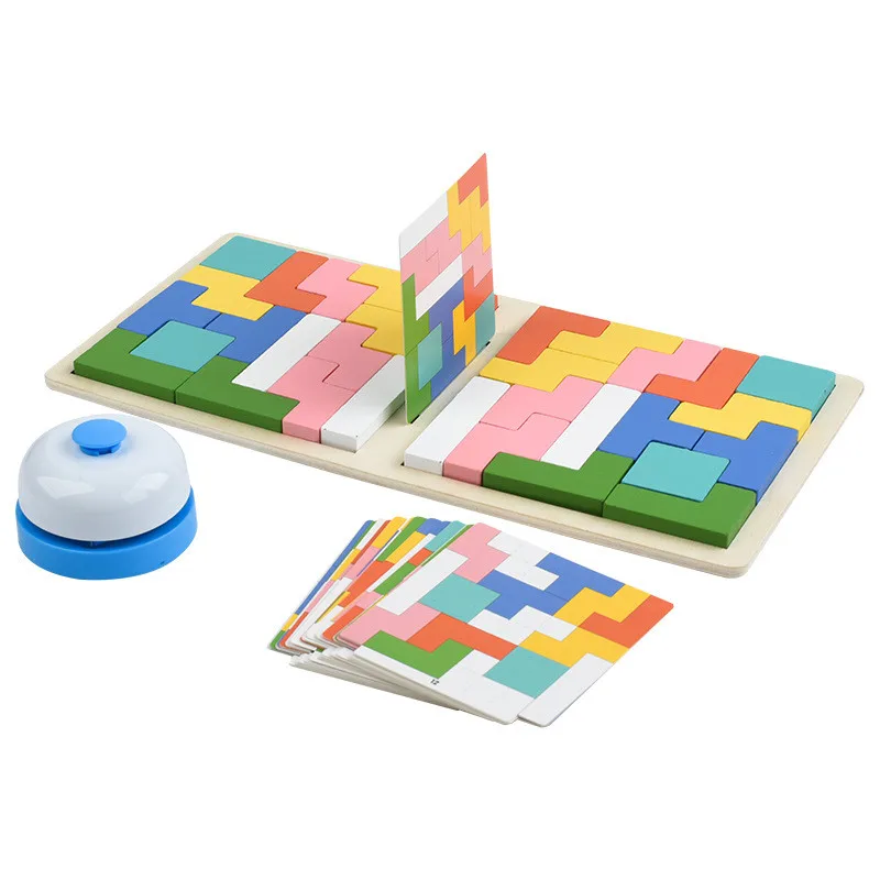 2-Player Wooden Battle Block Game with Competition Bell Kid Logic Training Interactive Board Game Family Party Puzzle Toy for 3+