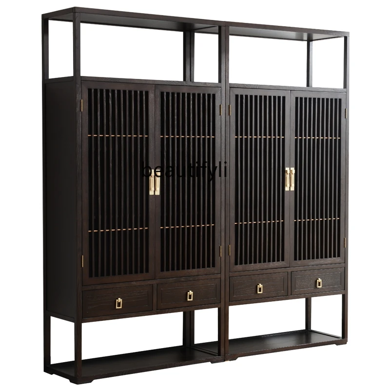 

New Chinese solid wood bookcase study light luxury Bogu shelf with door bookcase locker combination