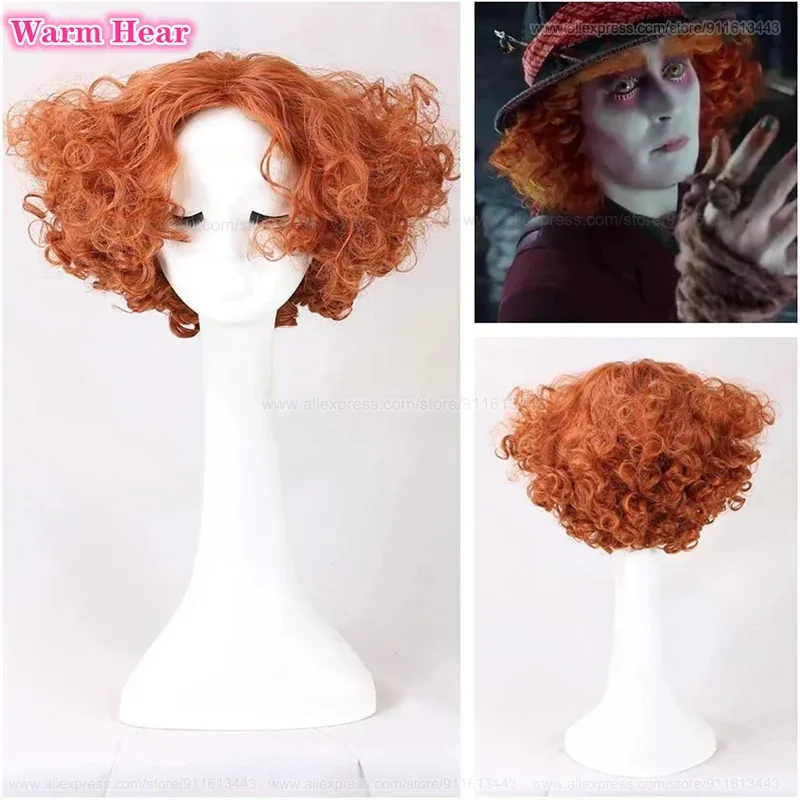 

High Quality Mad Hatter Cosplay Anime Tarrant Hightopp Orange Red Curly Heat Resistant Synthetic Wigs Halloween + A Wig Cap