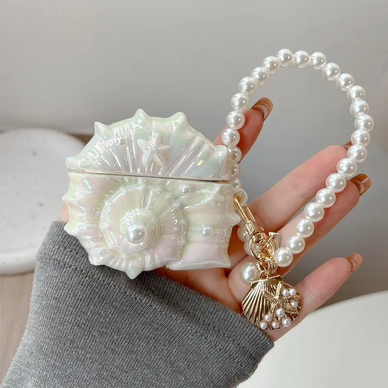 Luxury Iridescent Conch Shell Earphone Case For Huawei FreeClip 2S FreeClip2 3D Mermaid Pearl Seashell Protective Cover Keychain