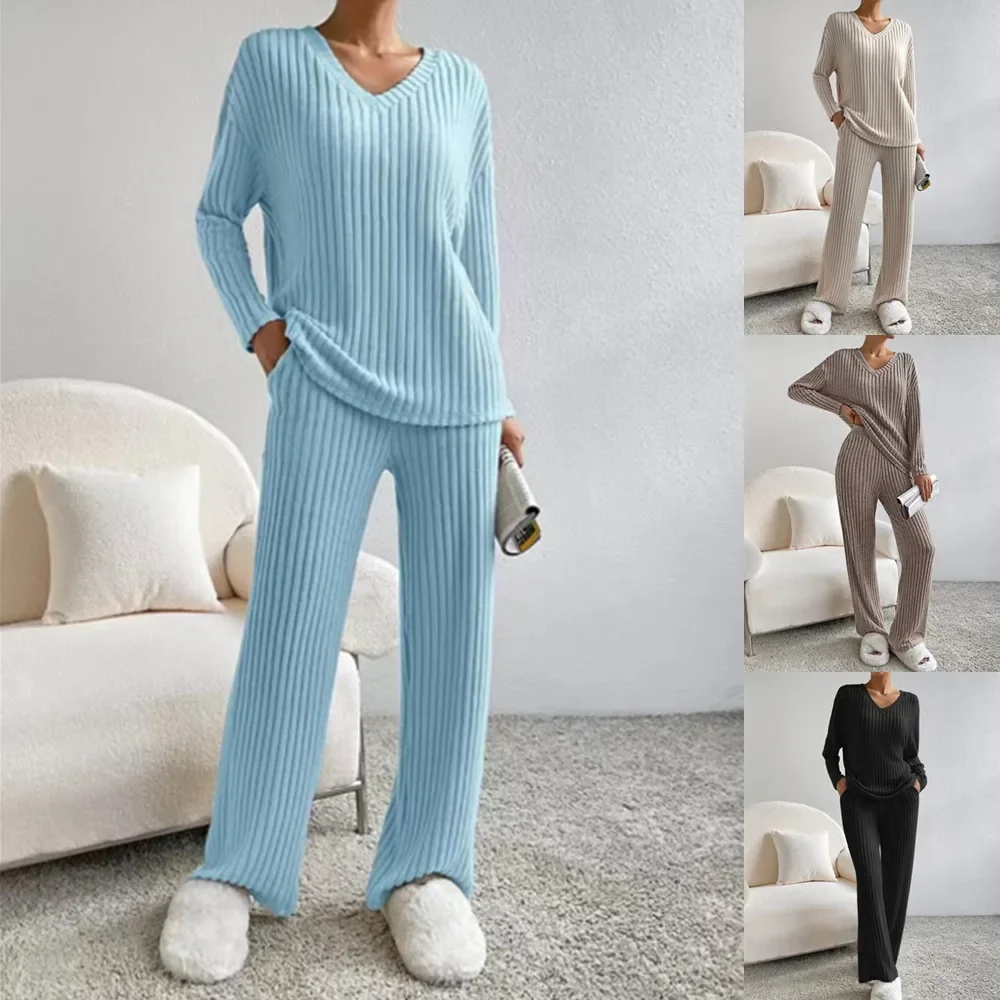 

Women Winter Pajamas 2 Piece Sets Long Sleeve V-neck Knitted Home Clothes Elastic Waist Loose Pants Solid Female Suit