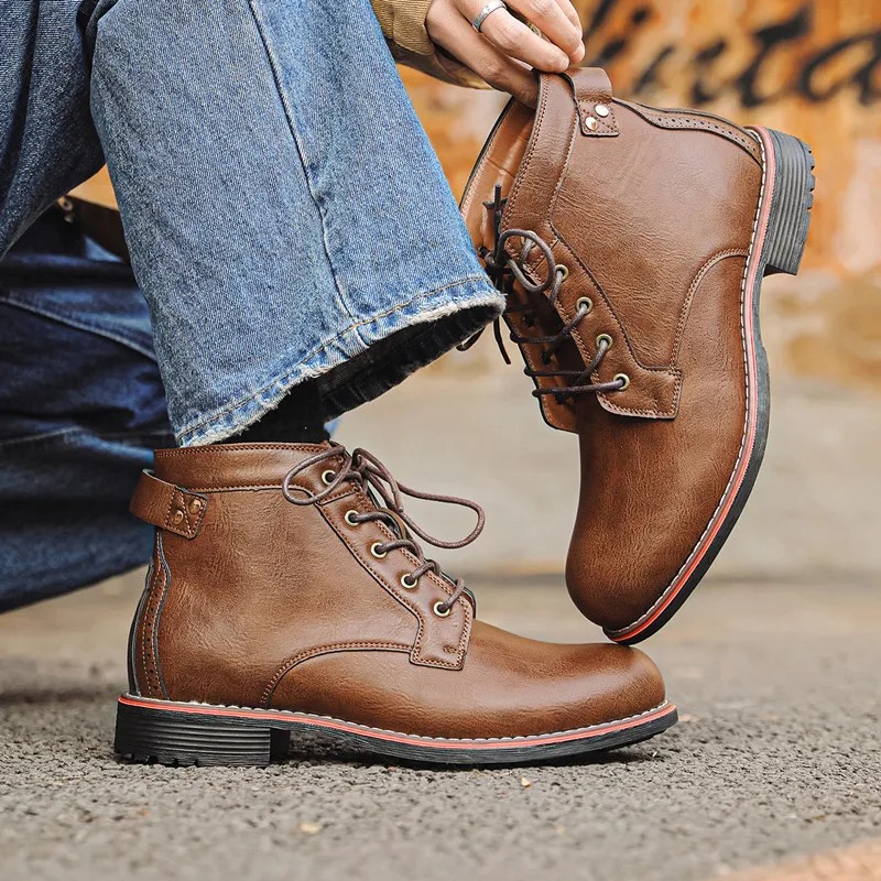 Luxury Retro High Men's Leather Shoes Dress Business Working Male Boots New Lace-up Flat Casual Comfortable Men Shoes Zapatillas - view 6