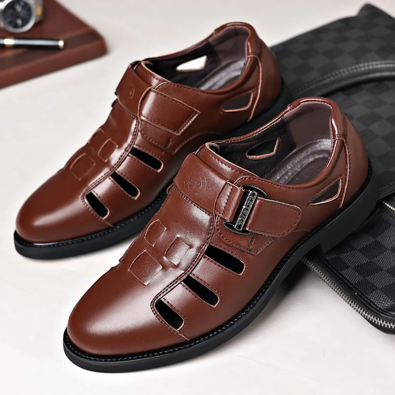 

Fashion Business PU Sandals Men Breathable Comfortable Closed-toe Shoes Outwear Beachwear Hollow Leather Shoes Autumn