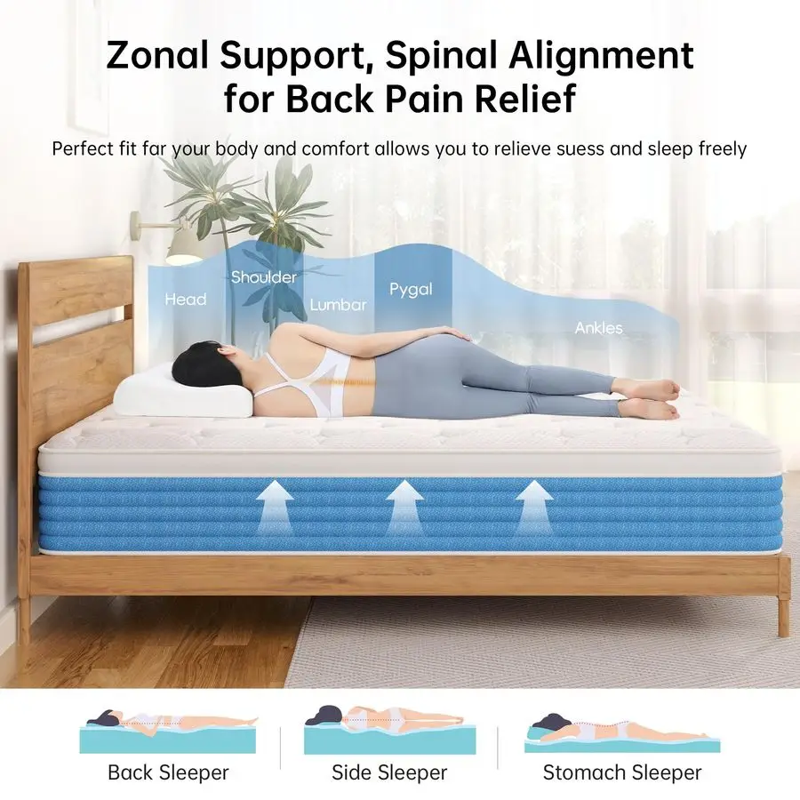 مرتبة بحجم، مرتبة هجينة مزدوجة مقاس 12 بوصة في صندوق مع نوابض جيب لعزل الحركة وتخفيف الضغط والألياف الزجاجية