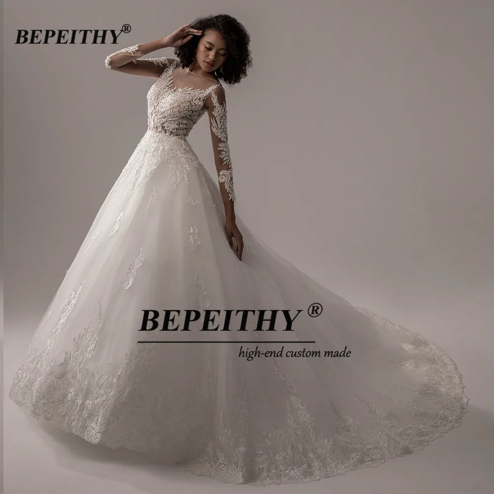 BEPEITHY O 넥 긴 소매 웨딩 드레스 여성용 코트 트레인 탑 아이보리 브라 두바이 볼 가운 Vestidos 2022