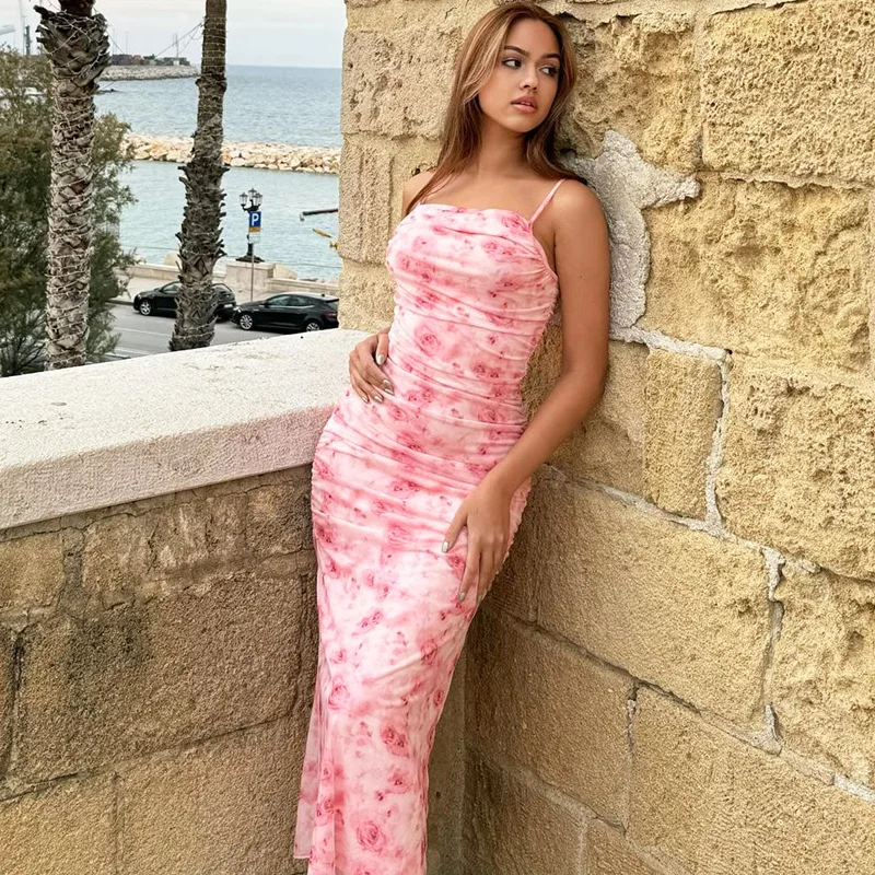 Sexy Elegante Blumen Druck Geraffte Kleid Spaghetti Strap Backless Frauen Kleider Sommer Party Geburtstag Club Damen Kleidung – Detail 6