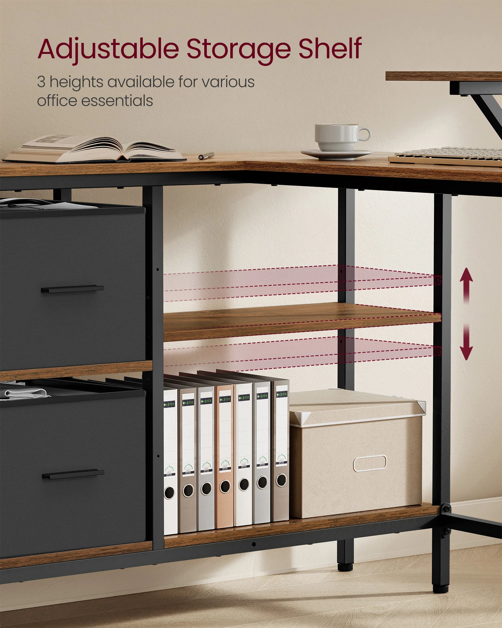 مكتب VASAGLE على شكل حرف L مع درجين واسعين، مكتب ألعاب مع حامل شاشة، مكتب زاوية، مكتب كمبيوتر، 135x105x89 سم #3