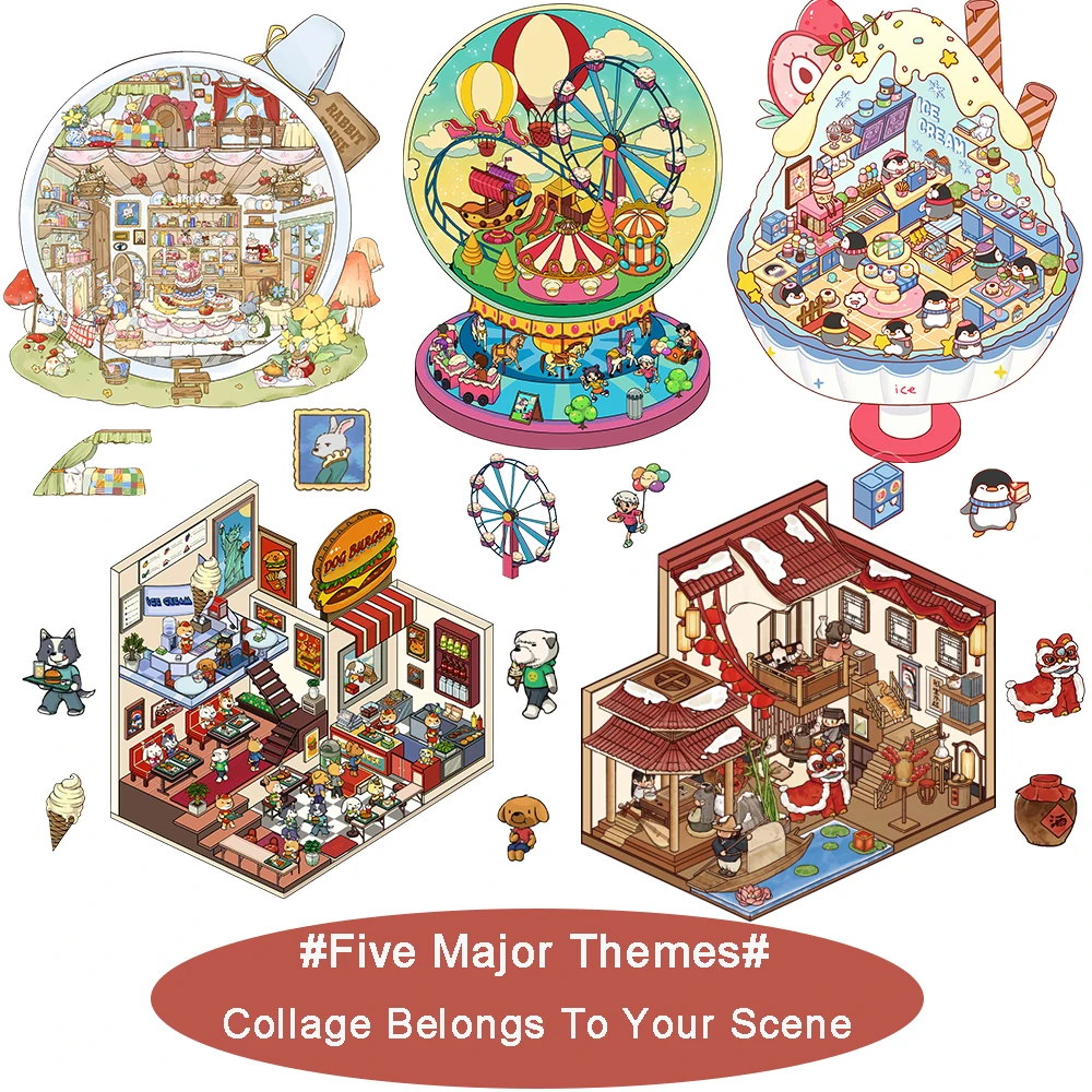 DIY Creative Cartoon Landscape Stickers Teacup World Amusement Park Burger Shop 5 Scene Scenarios Children's Day Birthday Gifts