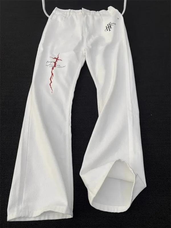 

White American Style Streetwear Printed Jeans Men's Loose Straight Leg Slimming Bell Bottoms Casual Summer Jeans
