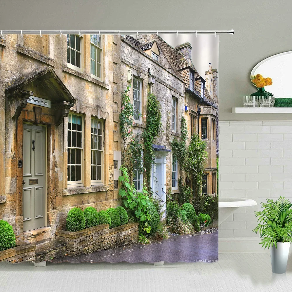 Street Building Scenery Shower Curtains Flowers Plant Retro Old Door Spring Rural Bathroom Curtain Background Wall Decor Cloth