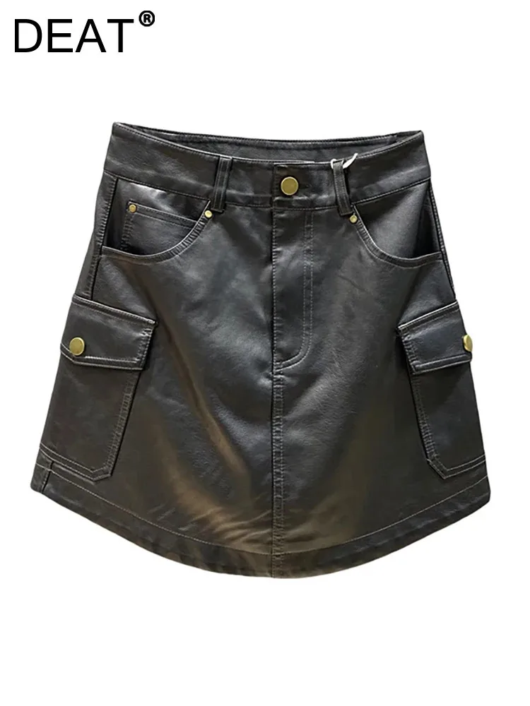 

DEAT Women's Pu Leather Skirt Short A-line Big Pockets High Waist Cargo Wrap Hips Mini Skirt Autumn 2024 New Fashion 29L8300