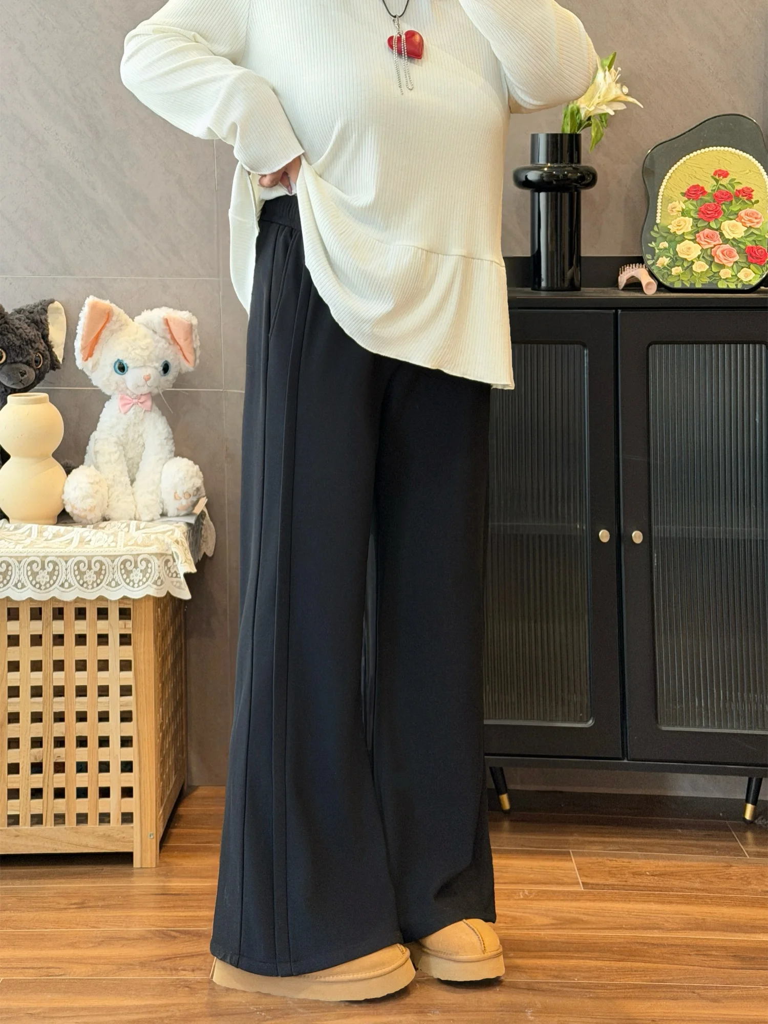 

Брюки-клеш для полных женщин с подкладкой, модные, утягивающие, с высокой талией, из полиэфирного волокна, для повседневной носки, осень-зима