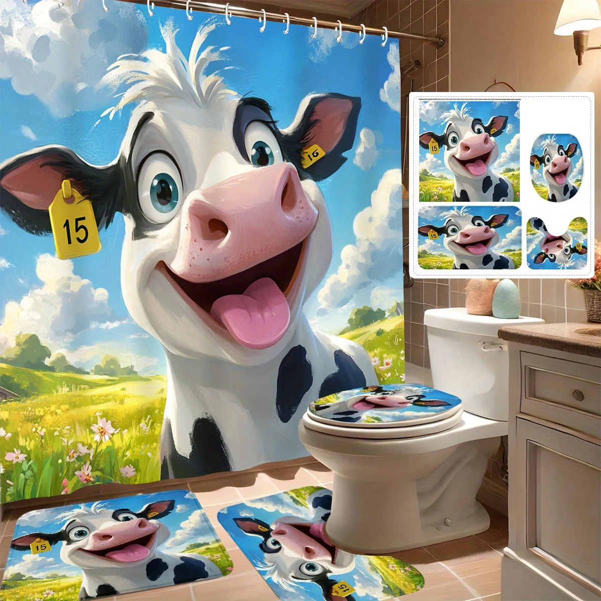 

Набор занавесок для душа из 4 предметов, милый дизайн с улыбающейся коровой, современный декор для ванной комнаты, в комплект входит 12 крючков, нескользящий коврик для ванной, U-образный унитаз