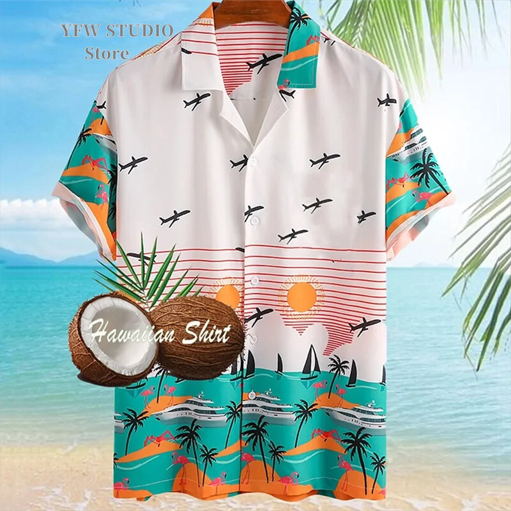 Camisa con gráfico de palmera de coco para hombre, camisa de verano de gran tamaño, ropa de playa informal de manga corta para vacaciones, ropa con botones de solapa para hombre