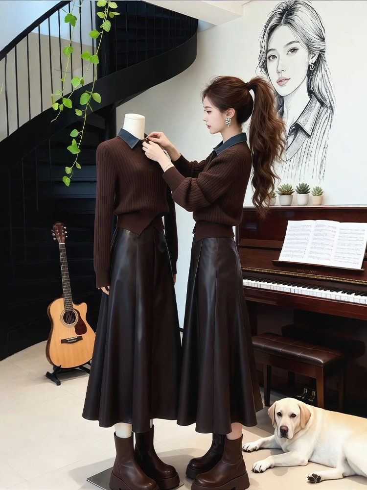 

Зимний модный комплект для женщин: вязаный топ с джинсовыми вставками и юбка с высокой талией, теплый и стильный ансамбль больших размеров