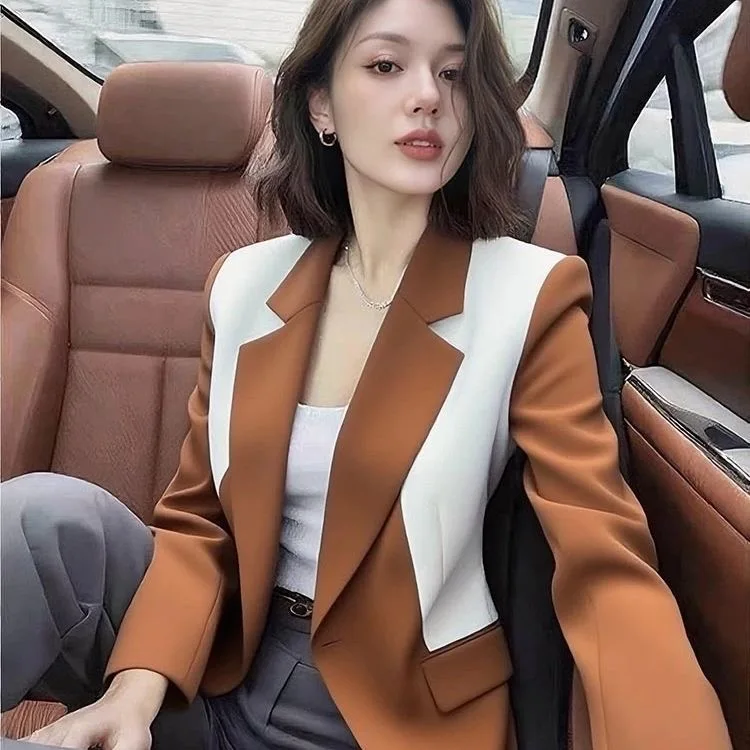 موضة جديدة التباين اللون الخريف معطف المرأة الراقية أنيقة طويلة الأكمام الصغيرة عبق بلون سترة مكتب سيدة الأعلى #4