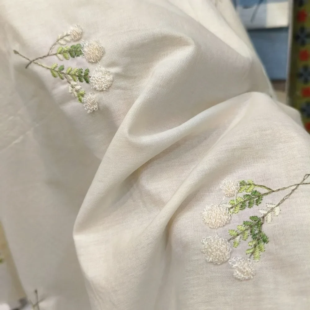 Small Floral Apricot Yarn Embroidered Poplin Cotton Fabric for Dresses Clothing Materials for Sewing By The Meter