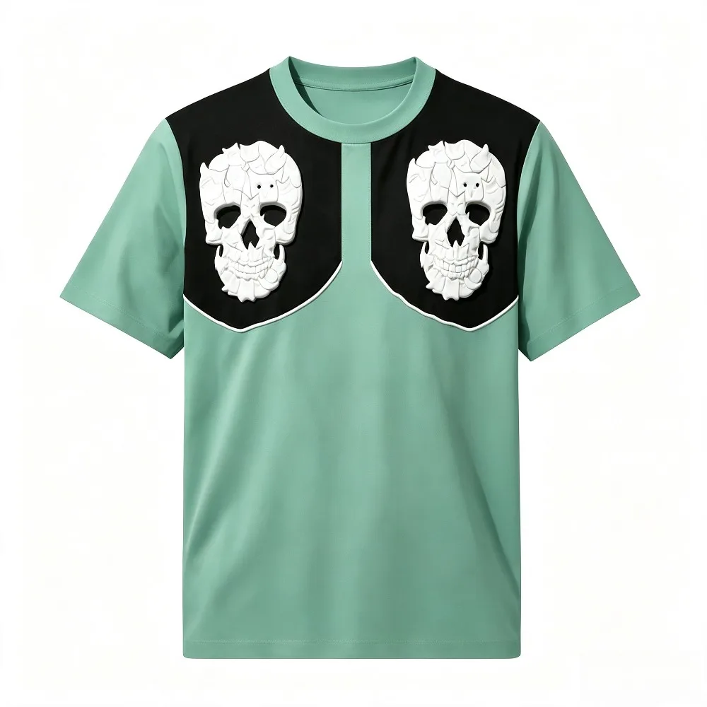 Dual Skull Cow Head Patchwork Print Men T Shirt Soft Vintage Streetwear Daily Short Sleeve Top