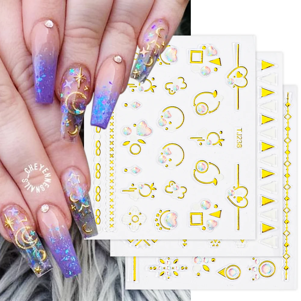 Ouro Bronzing 3D Rhinestone Etiqueta Do Prego, Linha Geométrica Jóias Decal, Decoração de Unhas auto-adesivo, 10 Pcs, 12 Pcs, 16 Pcs, 30Pcs