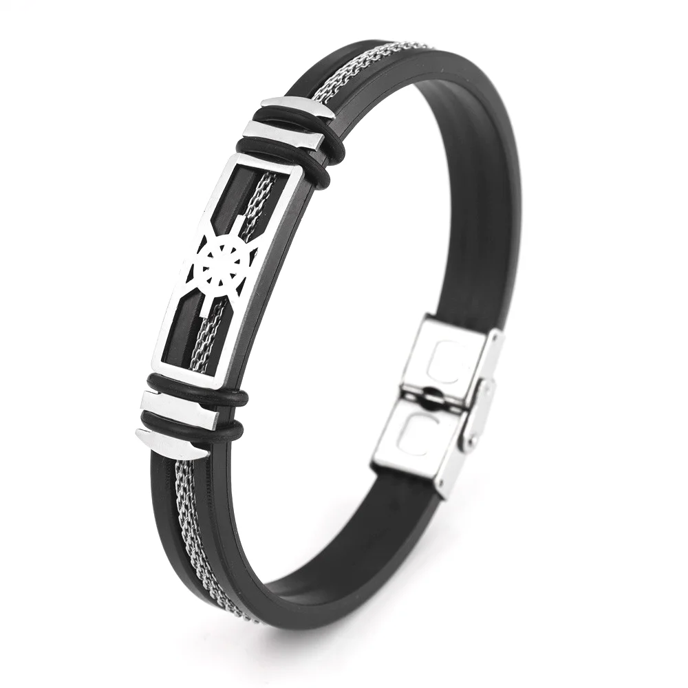 Trendy Stainless Steel Rudder Leather Bracelet Charm Men's Bracelet Hip Hop Punk Accessories Jewelry Gift Wholesale