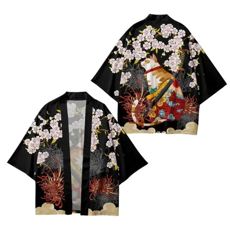 Men Japanese Kimono Shirt 3/4 Sleeve with Matching Shorts Set Pink Flower Samurai Cat Print Unisex Outfit for Women S To 3XL