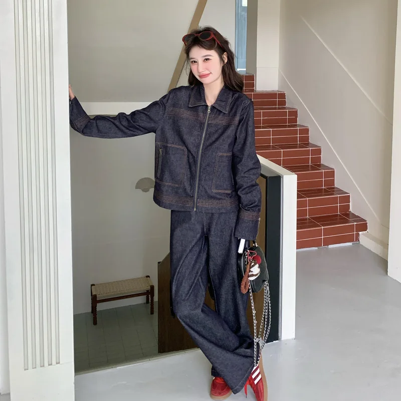 

SuperAen Blue Denim Slimming 2026 Spring New Korean Style Fashion Casual Short Jacket Full Length Wide-leg Pants Two Pieces Sets