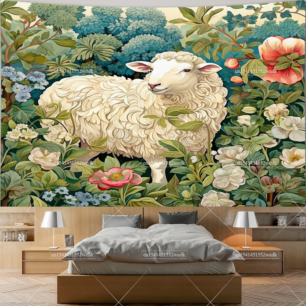 Sheep in Garden Tapestry Wall Hanging Animal Ram Sheep Deer Tapestry Aesthetic Room Decor Wallpapers For Bedroom Paintings