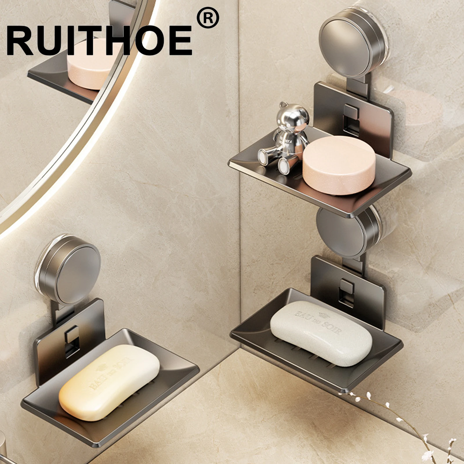 

1pc Aluminum Soap Rack Suction Cup Soap Box Light Luxury Shelf Punch-free Nail-free Bathroom Single Layer Drain Wall Hanging