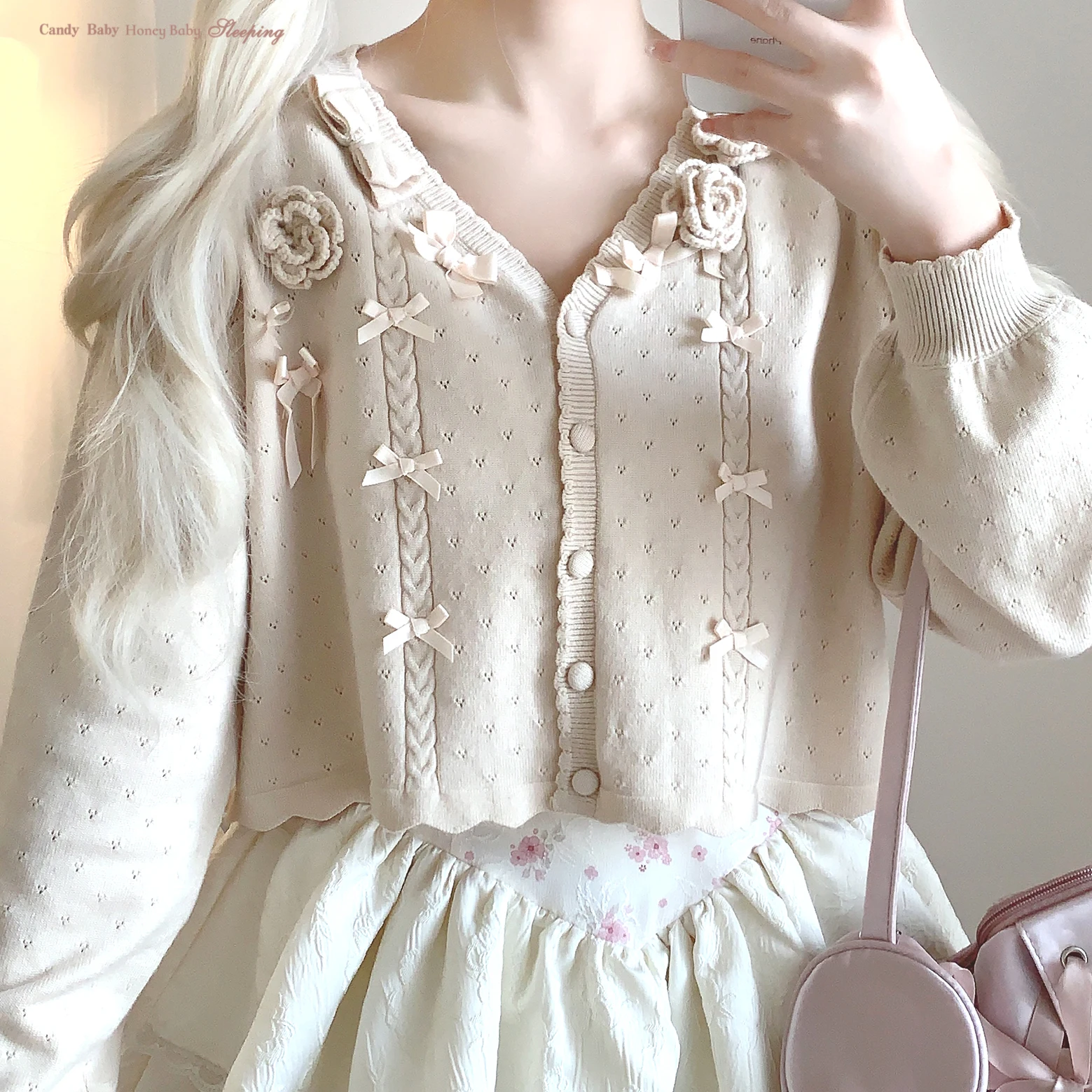 Original Japanese Style Sweet Cute Girls Pink Knitted Cardigan Jacket Women's Bow Doll Collar Knitwear Clothes Autumn and Winter