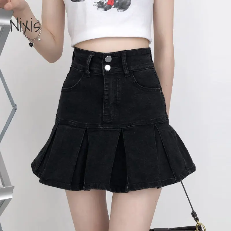 

Black Denim Skirts Women Mini High Waist Pleated Skirt Summer Ladies Clothes Sexy Short Skirts Korean Fashion Bottoms Streetwear