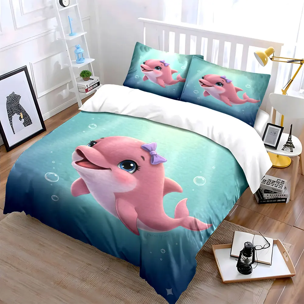 Pink dolphin with purple bow Print Soft Comfortable Duvet Cover Bedding Set Included 1*Duvet Cover 2*Pillowcases Luxury gifts