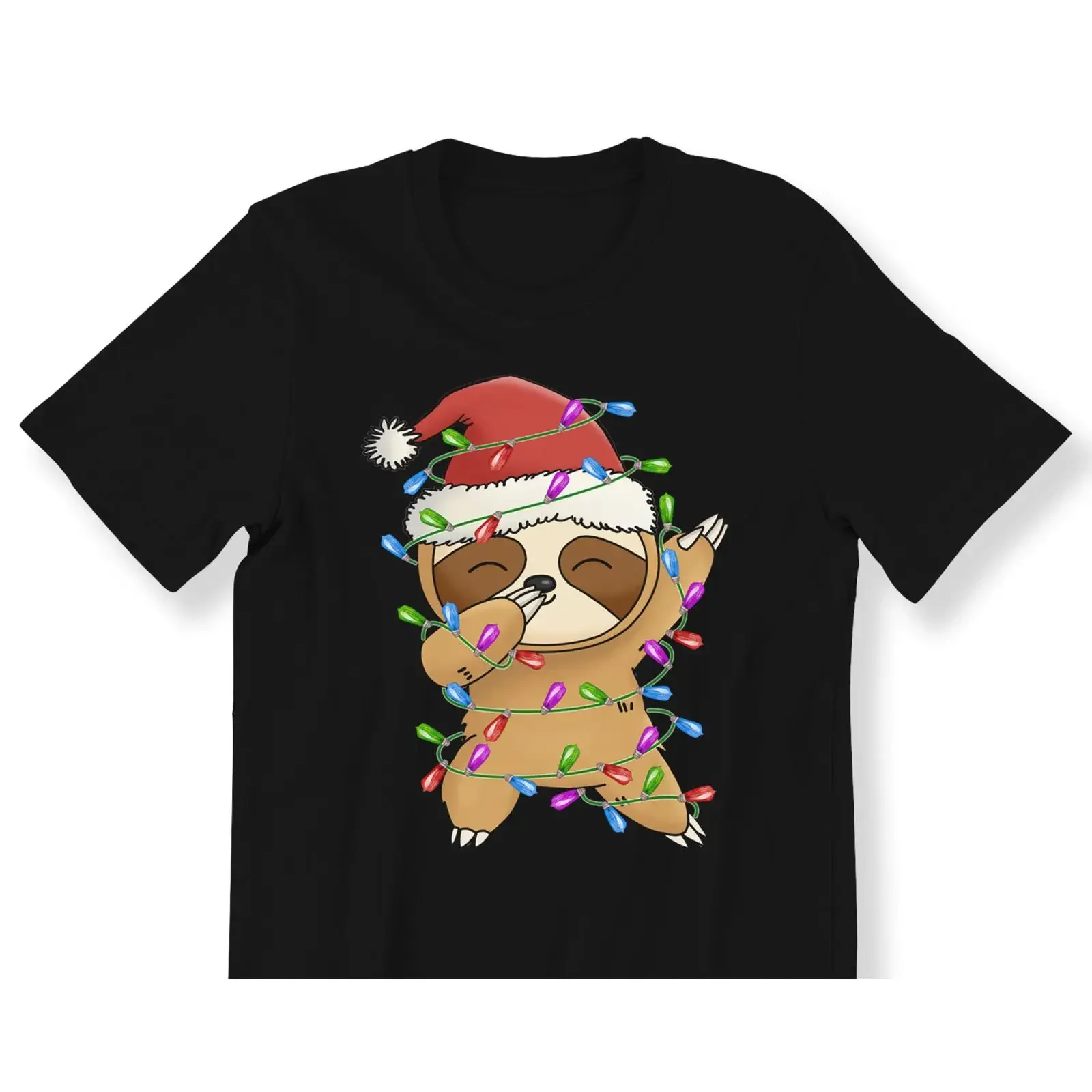 Dabbing Sloth Wrapped Christmas String Lights Santa Hat T Shirt Xmas for Lovers Kids Holiday Casual Top vintage Washed fashion