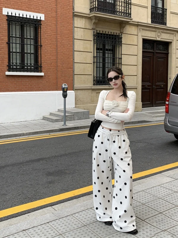 

Chic Slim Fit Knitted Top with Lace Design Long Sleeve Square Collar Two Piece Set High Waist Wide Leg Pants Polka Dot Pattern