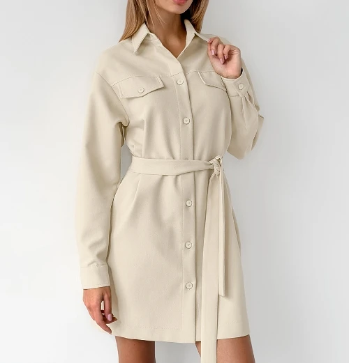 

Autumn Fashion Solid Color Lapel Long Sleeved Dress, Elegant Women's Lace Up Button Up Shirt, Long Sleeved Commuting Dress