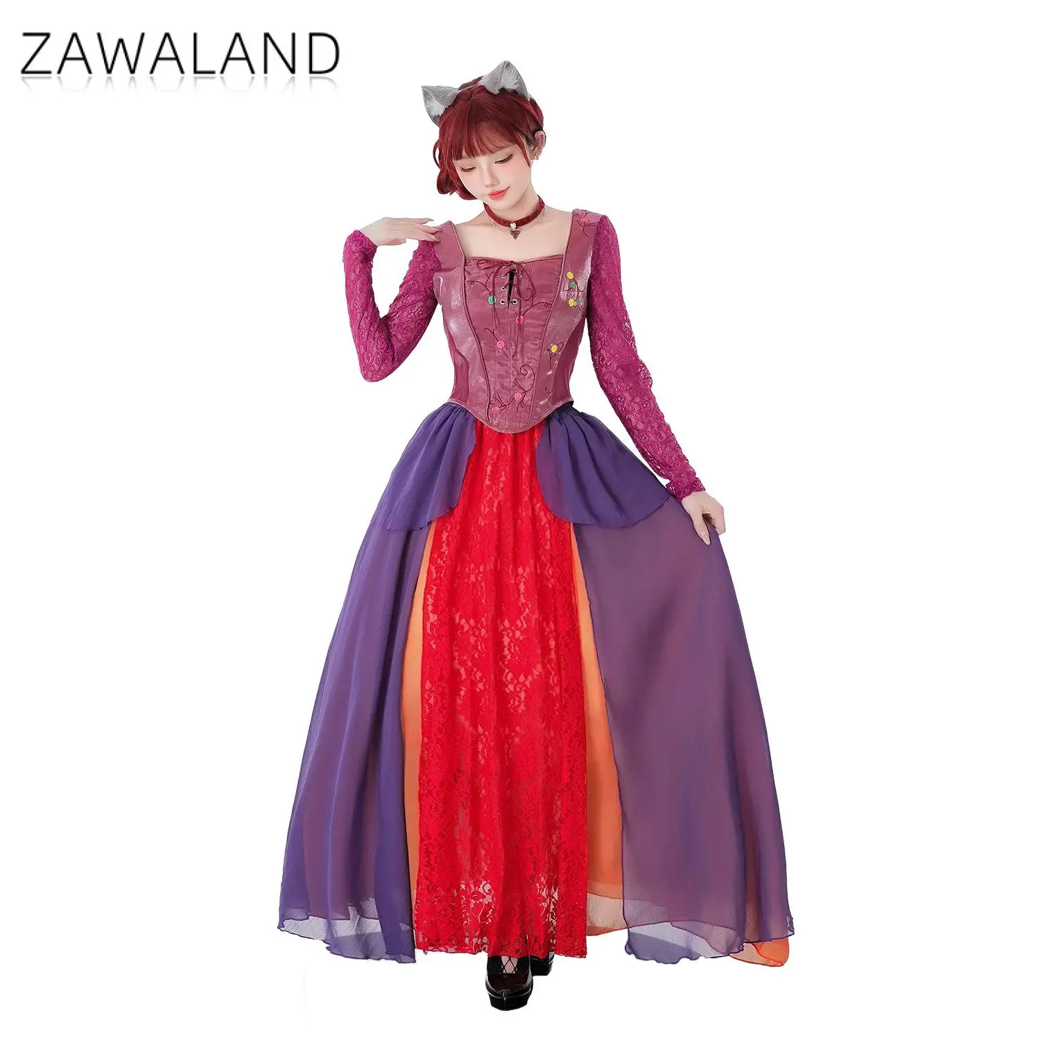Zawaland Hocus Pocus Hexenkostüme für Frauen Halloween Cosplay Hexen-Verkleidung Karneval-Auftritt Mittelalterliches Königinnenkleid